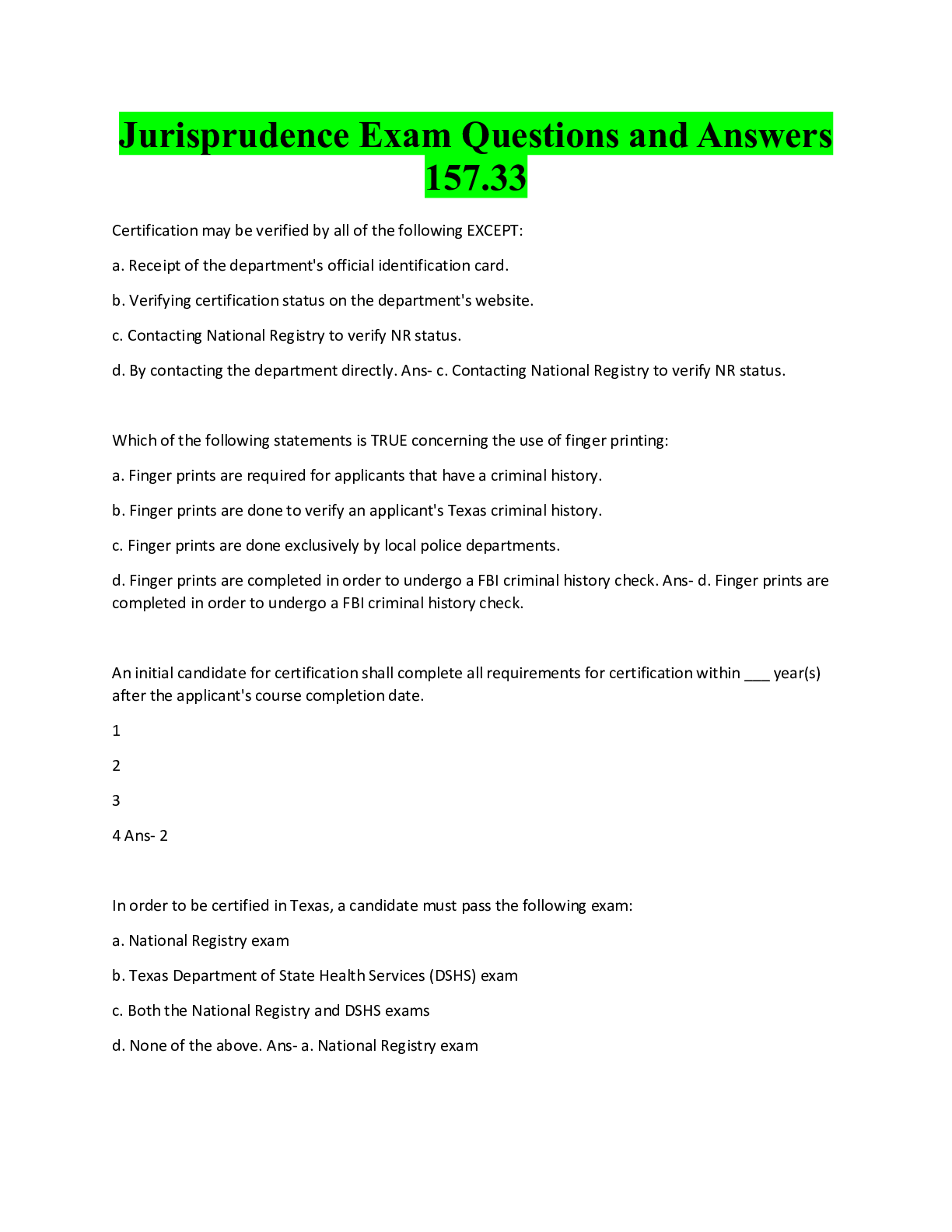 Preview image for Jurisprudence Exam Questions and Answers  157.33